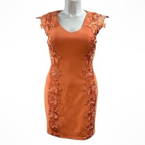Badgley Mischka Orange Floral Embroidered Sheath Dress